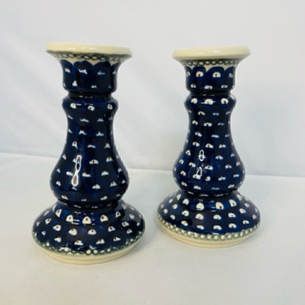 two vintage polish candlesticks 6" tall Blue 6" tall by 4" wide Very good condit